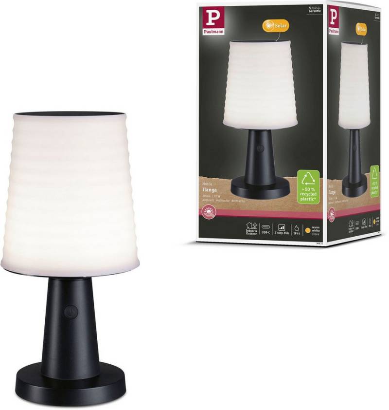 Paulmann LED Tischleuchte Solar LED Tischleuchte Ilanga IP44 2700K 125lm Anthrazit, LED fest integriert, Warmweiß, mehrere Helligkeitsstufen, Dimmer, Ein-/Ausschalter von Paulmann