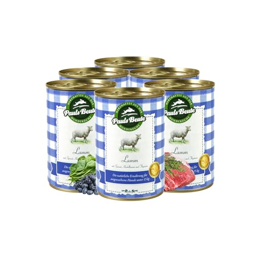 Pauls Beute Hochwertiges Hundefutter Nass | Single-Protein Lamm 60% | 6 x 400g | Mit Spinat & Heidelbeeren | Getreidefreies Nassfutter für ausgewachsene Hunde | Ohne Zusätze | Leicht verdaulich von Pauls Beute