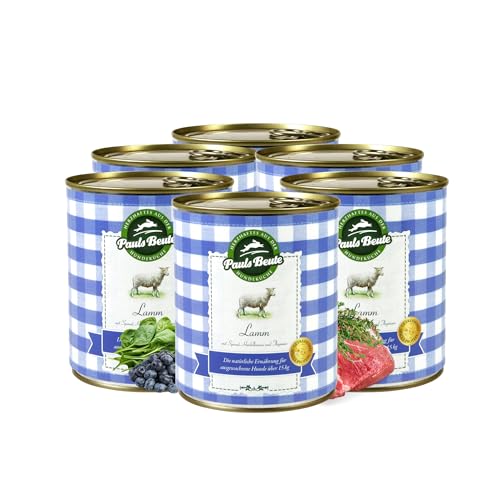 Pauls Beute Hochwertiges Hundefutter Nass | Single-Protein Lamm 60% | 6 x 800g | Mit Spinat & Heidelbeeren | Getreidefreies Nassfutter für ausgewachsene Hunde | Ohne Zusätze | Leicht verdaulich von Pauls Beute