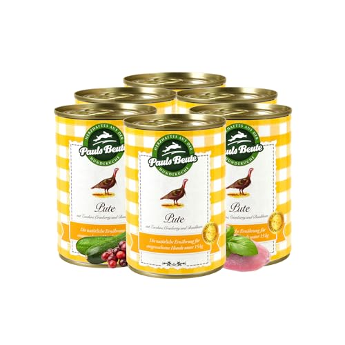 Pauls Beute Hochwertiges Hundefutter Nass | Single-Protein Pute 62% | 6 x 400g | Mit Zucchini & Cranberries | Getreidefreies Nassfutter für ausgewachsene Hunde | Ohne Zusätze | Leicht verdaulich von Pauls Beute
