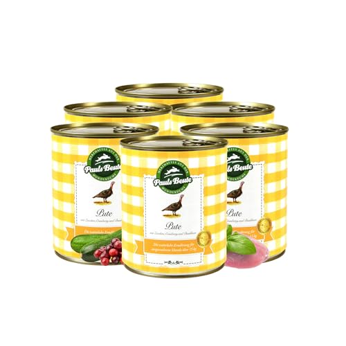 Pauls Beute Hochwertiges Hundefutter Nass | Single-Protein Pute 62% | 6 x 800g | Mit Zucchini & Cranberries | Getreidefreies Nassfutter für ausgewachsene Hunde | Ohne Zusätze | Leicht verdaulich von Pauls Beute