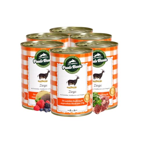 Pauls Beute Hochwertiges Hundefutter Nass | Single-Protein Ziege 60% | 6 x 400g | Mit Steckrübe & Waldbeeren | Getreidefreies Nassfutter für ausgewachsene Hunde | Ohne Zusätze | Leicht verdaulich von Pauls Beute
