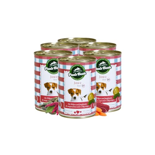 Pauls Beute Hochwertiges Welpenfutter Nass | Junior Rind 60,4% | 6 x 400g | Mit Amaranth, Äpfeln & Leinöl | Getreidefreies Hundefutter für Welpen | Ideal für heranwachsende Hunde | Ohne Zusätze von Pauls Beute