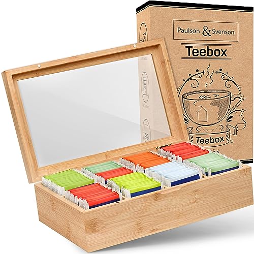Paulson & Svenson® Nachhaltige Teebox mit 8 Fächern - Teebeutelaufbewahrung aus Zertifiziertem Bambusholz mit luftdichtem Magnetverschluss und Sichtscheibe von Paulson & Svenson