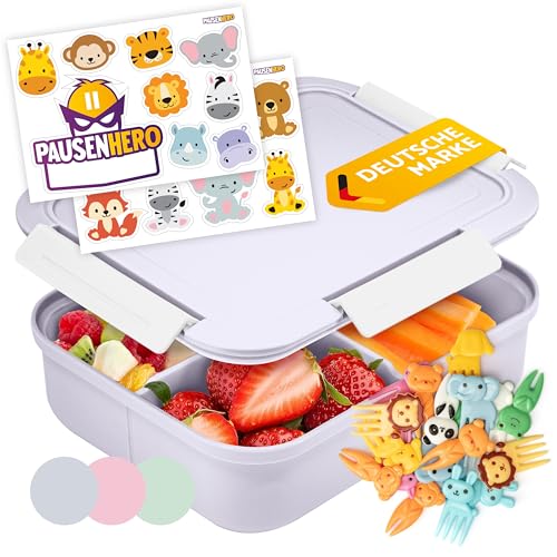 Pausenhero Brotdose Kinder mit Fächern [Obstgabeln + Sticker Set Grau] Brotdose Schule Snackbox mit Fächern Brotdose mit Fächern Bento Box Lunchbox Kinder Lunchbox Erwachsene Bento Box Kinder Brotbox von Pausenhero