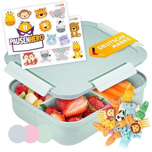 Pausenhero Brotdose Kinder mit Fächern [Obstgabeln + Sticker Set Grün] Brotdose Schule Snackbox mit Fächern Brotdose mit Fächern Bento Box Lunchbox Kinder Lunchbox Erwachsene Bento Box Kinder Brotbox von Pausenhero