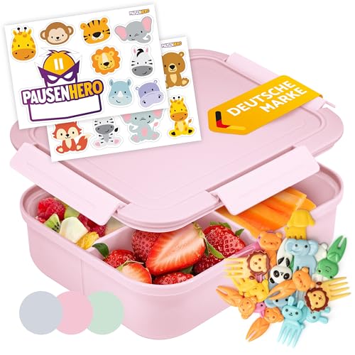 Pausenhero Brotdose Kinder mit Fächern [Obstgabeln + Sticker Set Rosa] Brotdose Schule Snackbox mit Fächern Brotdose mit Fächern Bento Box Lunchbox Kinder Lunchbox Erwachsene Bento Box Kinder Brotbox von Pausenhero