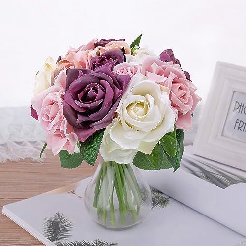 Pauwer 2 Bündel Künstliche Blumen Rosen 18 Köpfe Realistische Seidenblumen Brautstrauß Gefälschte Kunstblumenstrauss für Hochzeitsfeier Büro Home Decor von Pauwer