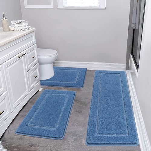 Pauwer Badematten & Badteppiche Set 3 Teilig Mikrofaser Flauschige Badezimmerteppich und WC Vorleger mit Ausschnitt Waschbar rutschfeste Badvorleger Toilette Teppich, Blau von Pauwer