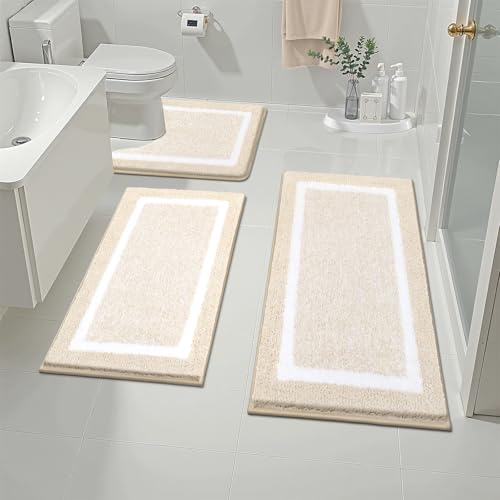 Pauwer Badezimmerteppich-Set, 3-teiliges Badezimmer-Duschteppich-Set mit U-förmiger Kontur, WC-Vorleger, saugfähige Mikrofaser-Plüsch-Badteppiche, rutschfest, maschinenwaschbar, zottelige Badematten von Pauwer