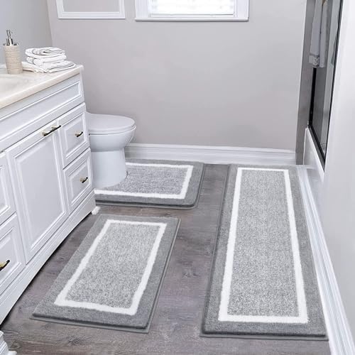 Pauwer Badteppich Set 3 Teilig Weich Hochflor Duschteppich Badematte Toilettenmatte Maschinenwaschbar rutschfeste wc Teppich Set Badvorleger Badezimmerteppich, Hellgrau von Pauwer