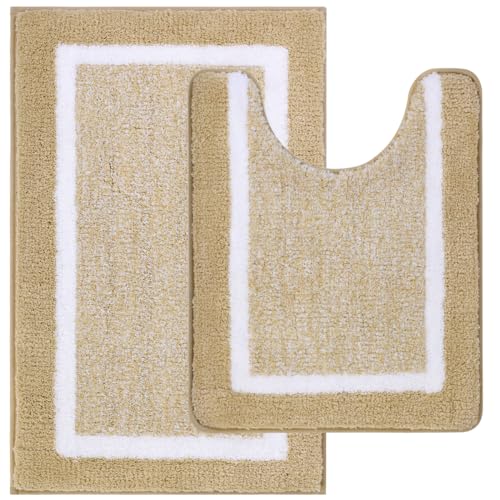 Pauwer Badezimmerteppich Sets 2 Stück ultraweiche Badezimmer Fußmatten rutschfeste Mikrofaser Badmatte und U-förmiger Toiletten Teppich waschmaschinenfest Duschmatten(50x80cm+50x60cm, Beige) von Pauwer