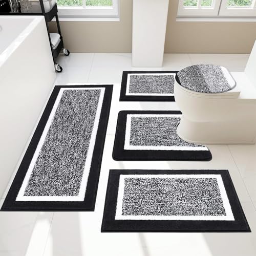 Pauwer Badezimmerteppich-Sets – 5-teiliges Set mit Deckelbezug, U-förmige Kontur-WC-Matte, saugfähige Mikrofaser-Plüsch-Badematten, rutschfest, maschinenwaschbar, Badezimmer-Fußmatten von Pauwer