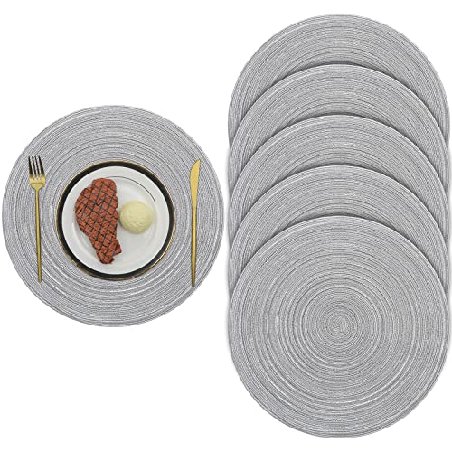 Pauwer Baumwolle 38cm/15inch Runde Platzsets Set von 6 Abwaschbar Hitzebeständig Gewebte Tischsets rutschfest Platzdeckchen für Küche Speisetisch(Grau, 38cm) von Pauwer