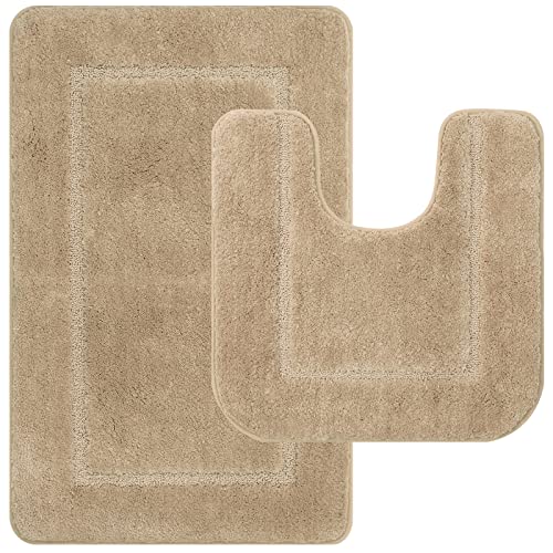 Pauwer Microfaser Weiches Badematten Set 2 teilige, Saugfähiges Badteppich rutschfeste Waschbare Badematten und WC Vorleger Badvorleger (Beige, 53 x 86 cm + 50 x 50 cm) von Pauwer