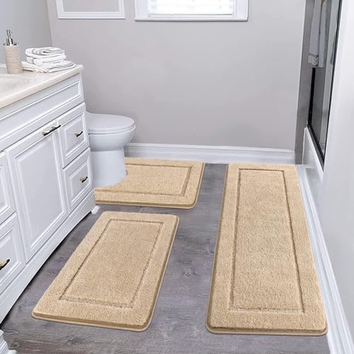 Pauwer Mikrofaser Badematten Set 3 teilig rutschfest Waschbare Badteppich Badvorleger und WC Vorleger Saugfähiges Badezimmerteppich Set, Beige von Pauwer
