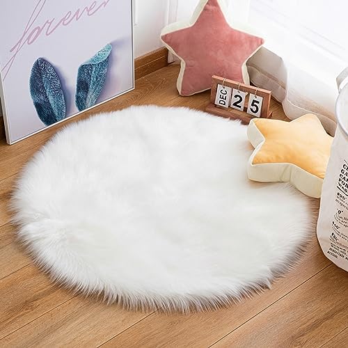 Pauwer Rund Faux Lammfell Schaffell Teppich, Flauschiger Longhair Kunstfellteppich Bettvorleger Waschbar Weich Fellteppich für Schlafzimmer, Wohnzimmer, Kinderzimmer Deko, Weiß, Ø 90cm von Pauwer