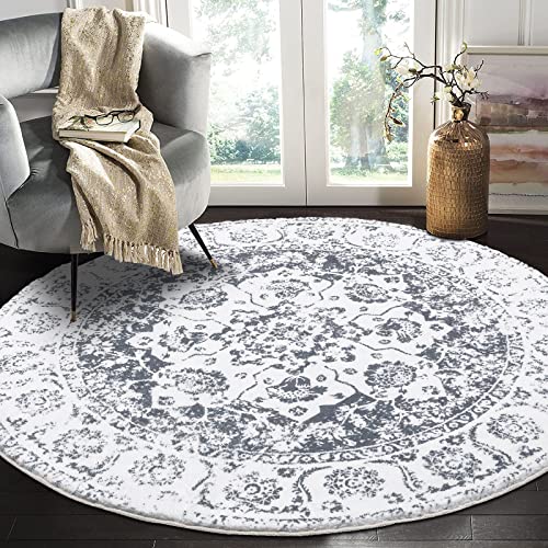 Pauwer Runder Teppich, Boho-Teppich, waschbar, Mandala-Teppich, Bodenmatte, Landhaus-Teppich, rutschfest, für Wohnzimmer, Küche, Schlafzimmer, Badezimmer, 122 cm, Grau von Pauwer