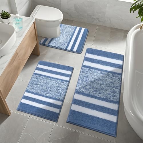 Pauwer Rutschfestes 3-teiliges Badematten- und WC-Vorleger-Set, super wasserabsorbierend, maschinenwaschbar, Mikrofaser, zottelig, Duschbodenmatten für Badezimmer von Pauwer