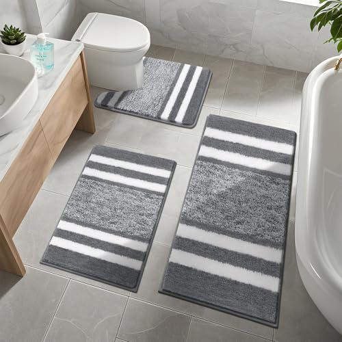 Pauwer Rutschfestes 3-teiliges Badematten- und WC-Vorleger-Set, super wasserabsorbierend, maschinenwaschbar, weiche Mikrofaser, zottelig, Duschbodenmatten für Badezimmer von Pauwer