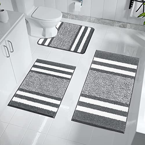 Pauwer Ultra Dicker Badteppich Set 3 Teilig Weich Hochflor Duschteppich Badematte Toilettenmatte Maschinenwaschbar rutschfeste WC Teppich Set Badvorleger Badezimmerteppich, Dunkelgrau von Pauwer