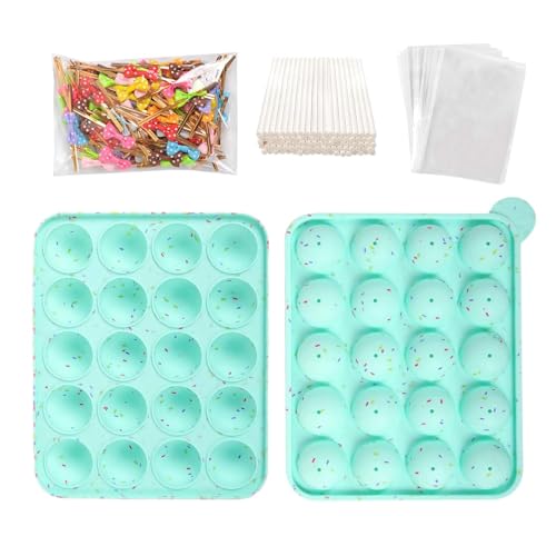 Pauzle Cake Pop Formen Backen, Cake Pop Backform Set,100 Sticks Pop + 100 Papierstab + 100 Beutel + 100 Twist 20 Runde Lollipop Form Silikonform-Mintgrün von Pauzle