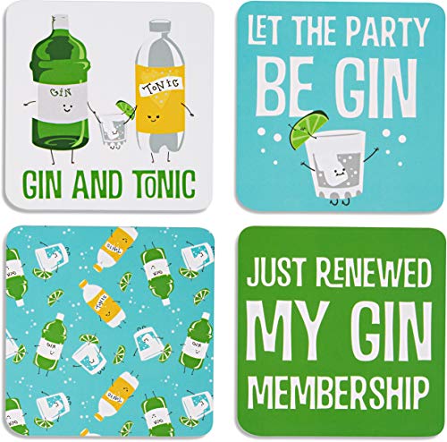 Pavilion Gift Company 74933 Gin & Tonic Sentiment, Muster- und Charakterhalter 10,2 cm, 4-teilig, Untersetzer-Set mit Box, quadratisch, mehrfarbig von Pavilion Gift Company