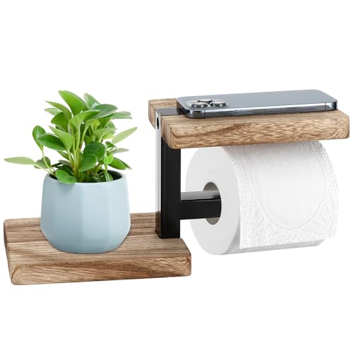 Pavlleen Toilettenpapierhalter Holz Bambus | Ohne Bohren mit Ablage | Schwarz Matt | Elegante WC Rollenhalter für Badzimmer und Küche | Stahl Bambus Design | Kleben oder Bohren Optionen von Pavlleen
