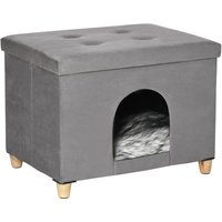 2-IN-1 Katzenhöhle Fußhocker mit Kissen Holzbeine Katzenhaus Grau von PawHut
