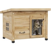 Katzenhaus aus Holz, Katzenhütte Outdoor, Katzenhöhle mit Türvorhang Gelb von PawHut