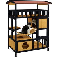 Katzenhaus aus Holz Katzenhöhle mit Plattformen, Hängebrück für bis zu 2 Katzen von PawHut