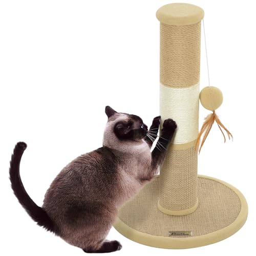 PawHut Cat Scratching Post für Indoor-Katzen, 47cm hoher Katzenkratzer mit Jute-Sisal-Seil, hessischem Stoff, hängendem Spielzeugball, Feder, Katzen-Kletterbaum mit Anti-Rutsch-Basis, braun PawHut Cat Scratching Post für Indoor-Katzen, 47cm hoher Katzenkratzer mit Jute-Sisal-Seil, hessischem Stoff, hängendem Spielzeugball, Feder, Katzen-Kletterbaum mit Anti-Rutsch-Basis, braun von PawHut