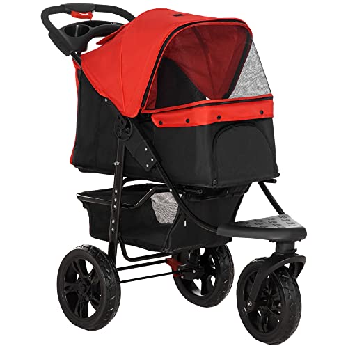 PawHut Faltbarer Hundewagen Haustierwagen Kleiner Hundewagen mit 3 Rädern Mesh-Fenster Aufbewahrungskorb und Sicherheitsgurten 109,5x57,5x106,5 cm Rot von PawHut