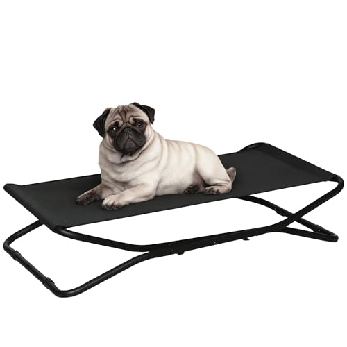 PawHut Hundeliege Outdoor, Erhöhtes Hundebett für kleine und mittelgroße Hunde, Kühlende Haustierliege mit robuster Stahlrahmen,Tragbares Stehendes Haustierbett, 111 x 65,5 x 19 cm, Schwarz von PawHut