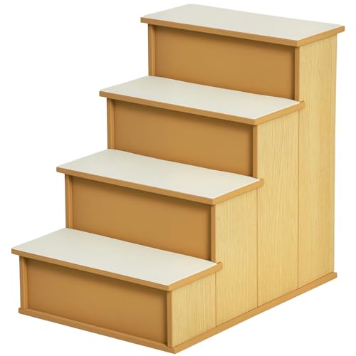 PawHut Haustiertreppe 4-stufige Hundetreppe Katzentreppe Einstiegshilfe mit Rutschfester Matte Haustierleiter für Auto Bett Sofa Natur 40 x 59 x 54,2 cm von PawHut