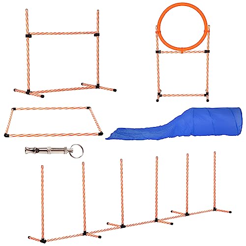 PawHut Hunde Agility Set Hundetrainigsset mit Hundetunnel Training für Haustiere Inklusive Tasche Leicht zu tragen Kunststoff Polyester Orange＋Weiß+Blau von PawHut