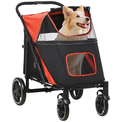 PawHut Hundewagen, Hundebuggy mit Kissen, Faltbarer Hundetrolley, Katzenbuggy für große und mittelgroße Hunde, Hundetrolley mit Netzfenster, Sicherheitsleinen, Tasche, Oxfordstoff, Rot von PawHut