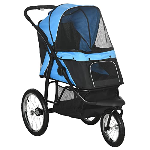 PawHut Hundewagen Hundebuggy klappbar für Hunde & Katzen bis 20 kg Katzenbuggy mit geländegängige Gummiräder Kissen Netzfenstern Türen Katzenwagen mit Aufbewahrungskorb Buggy Blau von PawHut