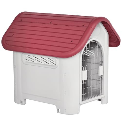 PawHut Hundehütte Outdoor Hundehaus mit Dachluke Tor Unterschlupf für kleine Hunde Kleintierstall Luftzirkulation wasserdicht Metall Kunststoff Rot+Hellgrau 59 x 75 x 66 cm PawHut Hundehütte Outdoor Hundehaus mit Dachluke Tor Unterschlupf für kleine Hunde Kleintierstall Luftzirkulation wasserdicht Metall Kunststoff Rot+Hellgrau 59 x 75 x 66 cm von PawHut