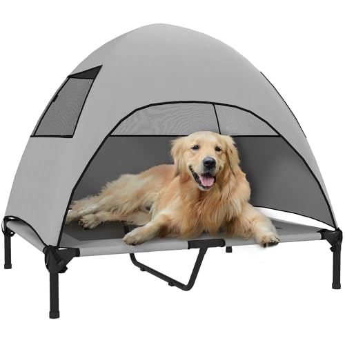 PawHut Hundeliege Outdoor mit Dach, Erhöhtes Hundebett für Große Hunde, Kühlendes Haustierliege mit Waschbares Mesh Metallrahmen Tragtasche, Haustierbett für Draußen Camping 91x76x90cm, Hellgrau PawHut Hundeliege Outdoor mit Dach, Erhöhtes Hundebett für Große Hunde, Kühlendes Haustierliege mit Waschbares Mesh Metallrahmen Tragtasche, Haustierbett für Draußen Camping 91x76x90cm, Hellgrau von PawHut