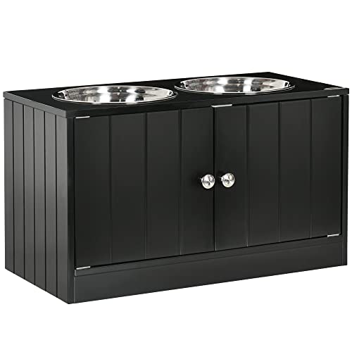 PawHut Erhöhter Hundenapf Futternapf mit Stauraum Wassernapf 2 x 2000ml Edelstahlnäpfen Fressnapf Hundenäpfe Futterstation für Große Hunde Katzen Schwarz von PawHut