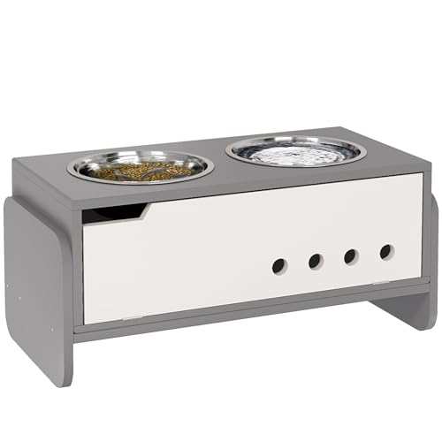 PawHut Erhöhter Hundenapf Höhenverstellbar Futternapf mit Stauraum Wassernapf 2 x 2000ml Edelstahlnäpfen Langsamfutternapf verstellbar Fressnapf Futterstation für Große Hunde Katzen Grau von PawHut