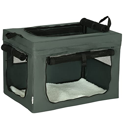 PawHut Hundetasche Hundebox mit Meshfenster, Katzentransportbox mit Kissen, Transportbox, Transporttasche für Hunde bis 4 kg, Oxford, Grau, 60 x 42 x 42 cm von PawHut