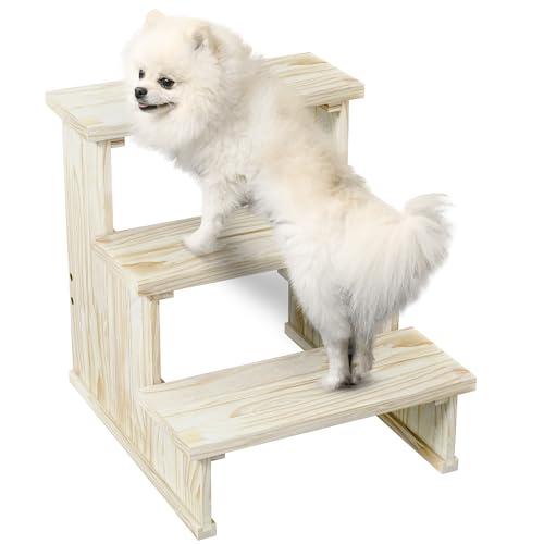 PawHut Hundetreppe, 3 Stufige Katzentreppe aus Holz, Haustiertreppe, Haustierleiter, Tiertreppe für kleine Hunde bis zu 10 kg, Natur, 40 x 46,5 x 45 cm von PawHut