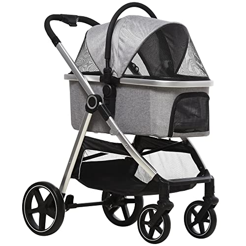 PawHut Hundewagen, 2 in 1 Hundebuggy, Autositz, Transporttasche, Katzenbuggy mit Kissen bis 15 kg, Faltbarer Katzenwagen für kleine Hunde mit Bremsen, Netzfenster, Sicherheitsleinen, Hellgrau PawHut Hundewagen, 2 in 1 Hundebuggy, Autositz, Transporttasche, Katzenbuggy mit Kissen bis 15 kg, Faltbarer Katzenwagen für kleine Hunde mit Bremsen, Netzfenster, Sicherheitsleinen, Hellgrau von PawHut