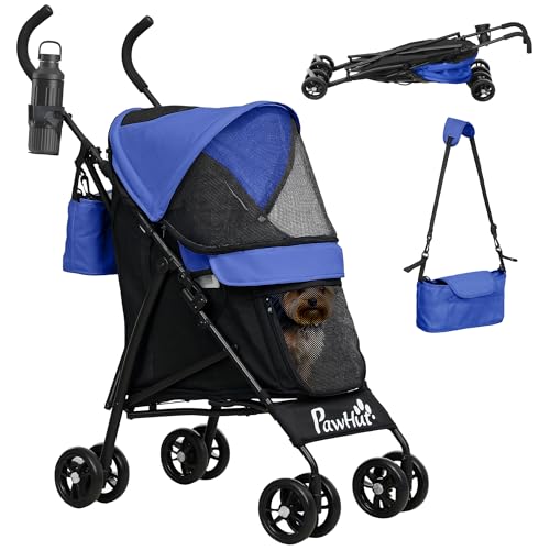 PawHut Hundewagen Hundebuggy klappbar für Hunde & Katzen Katzenbuggy mit Netzfenstern, Schultergurt, Aufbewahrungstasche, Becherhalter Regenschirm Katzenwagen Dunkelblau von PawHut
