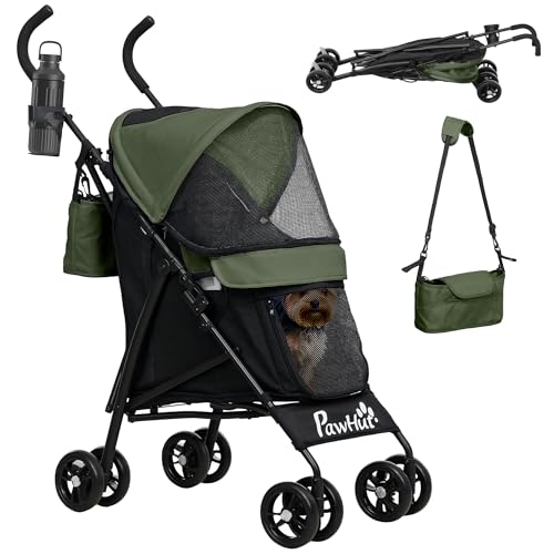 PawHut Hundewagen Hundebuggy klappbar für Hunde & Katzen Katzenbuggy mit Netzfenstern, Schultergurt, Aufbewahrungstasche, Becherhalter Regenschirm Katzenwagen Dunkelgrün von PawHut