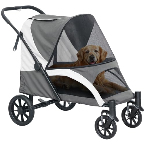 PawHut Hundewagen Hundebuggy klappbar für große Hunde & Katzen bis 30 kg Katzenbuggy mit Kissen Netzfenstern Türen Aufbewahrungstasche Katzenwagen mit Sicherheitsleinen, Bremsen, Buggy Dunkelgrau PawHut Hundewagen Hundebuggy klappbar für große Hunde & Katzen bis 30 kg Katzenbuggy mit Kissen Netzfenstern Türen Aufbewahrungstasche Katzenwagen mit Sicherheitsleinen, Bremsen, Buggy Dunkelgrau von PawHut