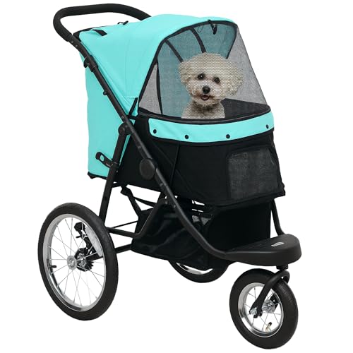 PawHut Hundewagen Jogger Hundebuggy klappbar für kleine Hunde & Katzen bis 10 kg Katzenbuggy mit 3 große Gummiräder, Kissen Netzfenstern Aufbewahrungskorb Katzenwagen mit Sicherheitsleinen, Türkis PawHut Hundewagen Jogger Hundebuggy klappbar für kleine Hunde & Katzen bis 10 kg Katzenbuggy mit 3 große Gummiräder, Kissen Netzfenstern Aufbewahrungskorb Katzenwagen mit Sicherheitsleinen, Türkis von PawHut
