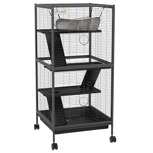 PawHut Käfig für kleine Nager aus Stahl, Käfig für Meerschweinchen und Chinchillas mit 3 Etagen, 4 Rollen, Hängematte und abnehmbarem Tablett, 52 x 52 x 113,5 cm, Grau von PawHut